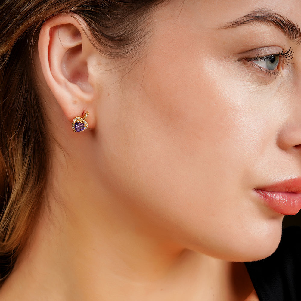 925 Sterling Silver 18K Gold Plated Amethyst Heart Studs